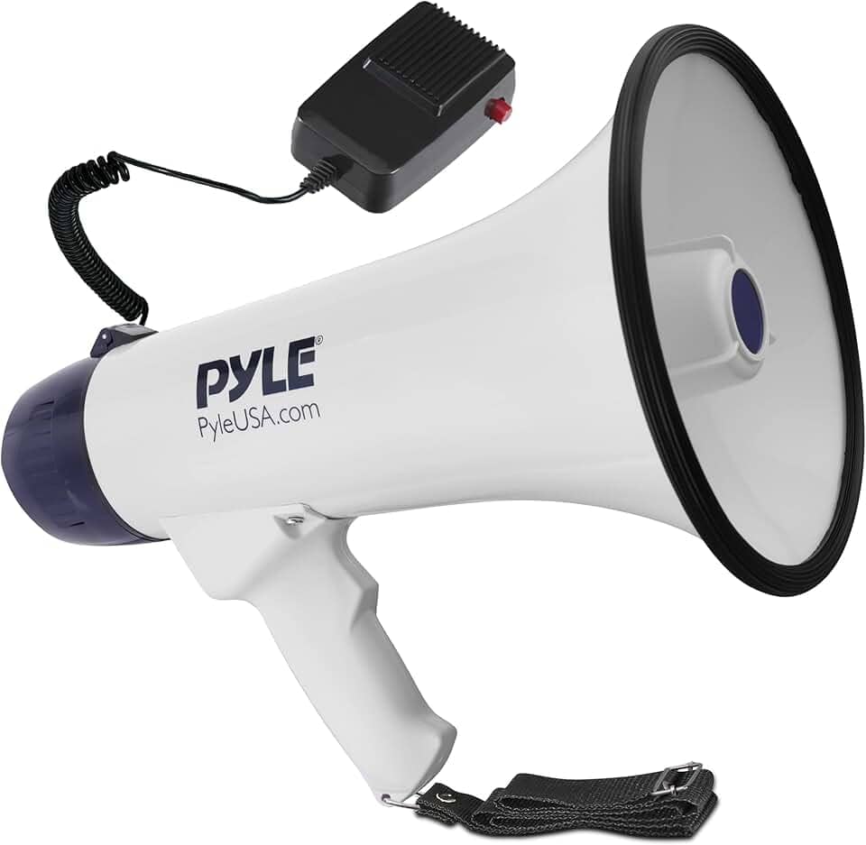 Pyle Alto-falante Megafone PA portátil compacto – Bullhorn portátil de 40 W com lanterna de LED, sirene de alarme, volume ajustável, microfone destacável, alimentado por bateria para uso interno e