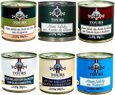 KIT 6 Atum em Lata Tours Conservas em Azeite, Tomate Seco, Alcaparras, Óleo Comestível, Ralado e Natural 255g cada