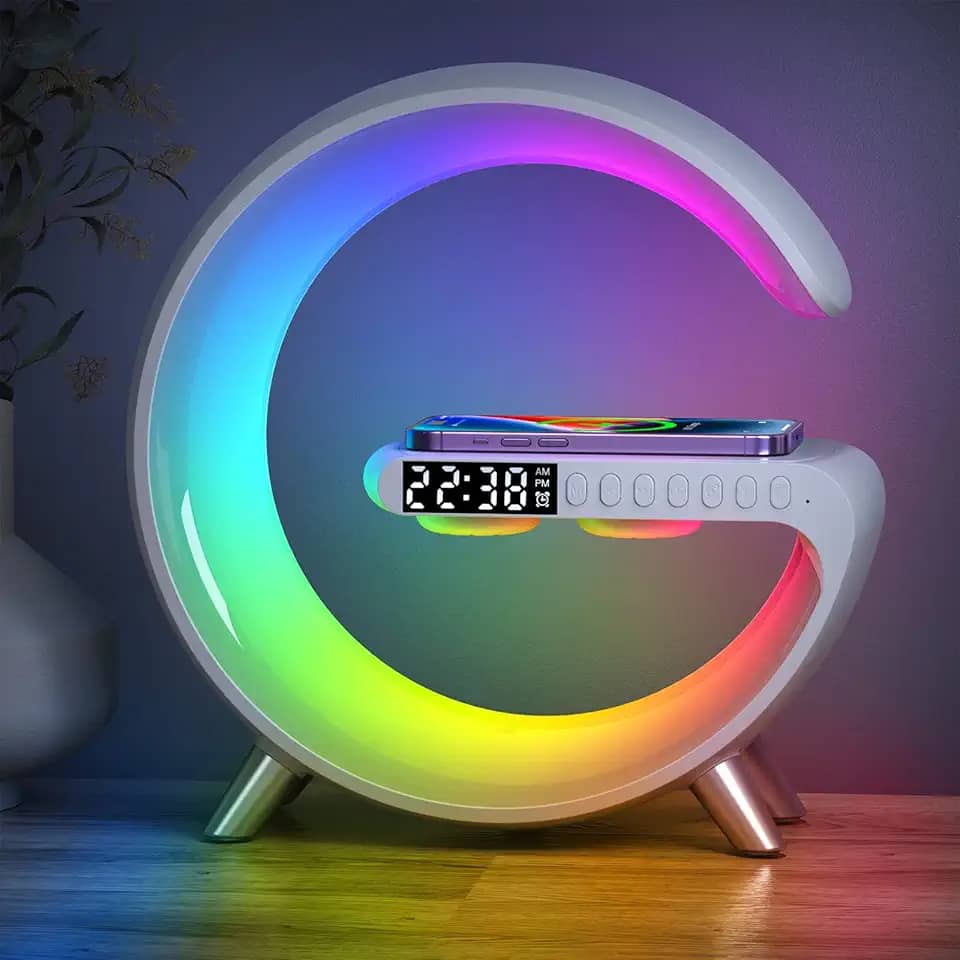 BKDRL Lâmpada de alto-falante Bluetooth com carregador sem fio, luz noturna RGB, despertador, controle de aplicativo - branca