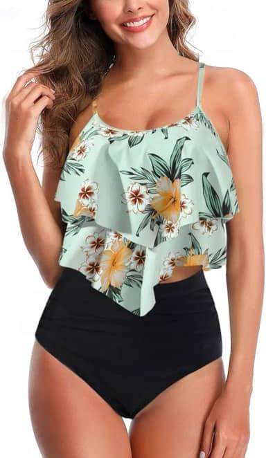 Biquíni feminino de cintura alta, plus size, babado, vintage, controle de barriga, tanquíni de duas peças