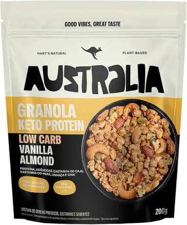 Hart's Natural Granola Australia Low Carb Keto Protein Vanilla Almond Crunch, 26g de Proteína, Granola Sem Açucar, Sem Lactose, Sem Glúten, Vegano, 200g
