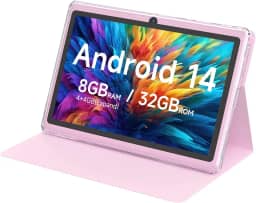 HOTTABLET Tablet Android 14.0 de 7 polegadas com capa protetora, 8 GB (expansão de 4 + 4 GB) RAM + 32 GB de ROM, tela IPS, câmera dupla, aba WiFi Bluetooth 5.0 (rosa)