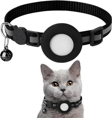 Refletivo para coleira AirTag, coleira e sino de rastreador integrados, coleiras de GPS para gatos com faixa elástica de segurança para gatinhos e filhotes, preta