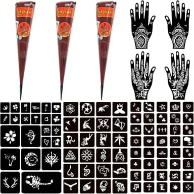 Moricher Kits de tatuagem temporária, 3 cones de tatuagem de henna, 101 estêncis, marcadores semipermanentes, gel jagua, para mulheres, homens, crianças, faça você mesmo, pintura artística, presentes