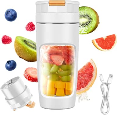Copo de Liquidificador Portátil 600ml,Caneca de Viagem de Grande Capacidade,Liquidificador Pessoal USB com Tecnologia de Lâminas Múltiplas e Motor de Alta Potência para Shakes,Smoothies&Sucos (Branco)