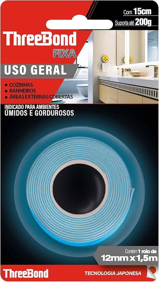Fita Dupla Face Cozinha Banheiro ThreeBond |Tamanho 12mm x 1,5M | Suporta 200g em 15cm | Ambiente Úmido e Gorduroso