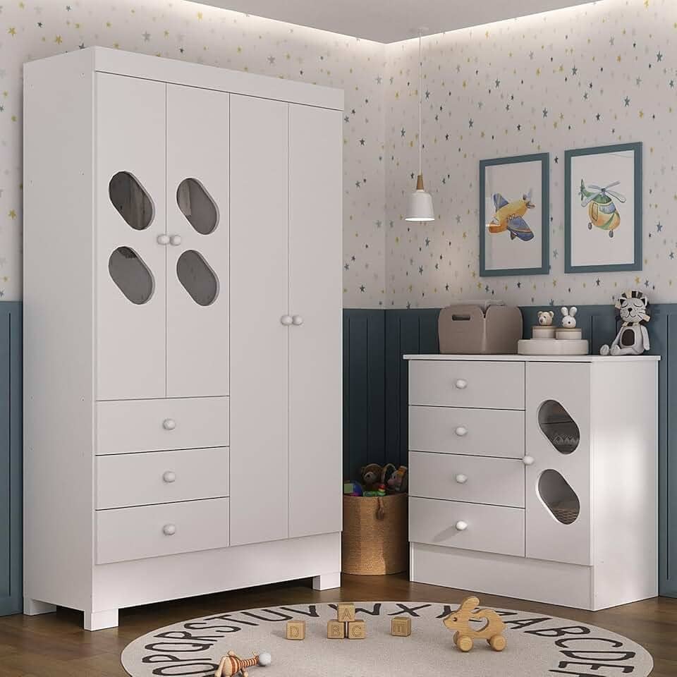 Quarto Infantil com Guarda Roupa e Cômoda Stella Branco