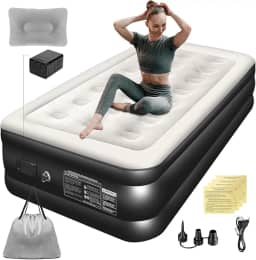 Trailabo Colchão Inflável Solteiro 1,91*1M com Bomba de ar Elétrica Recarregável Embutida, Almofadas Infláveis, com Inflação e Deflação Rápidas e Automáticas, para Famílias e Camping (Preto e Branco)