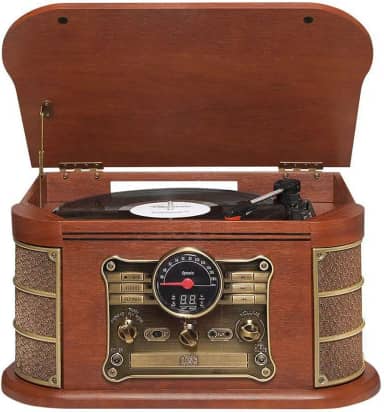 Vitrola Toca Discos Vinil Retro Bluetooth Cassete Usb Cd Player Rádio Fm Entrada Auxiliar Reproduz E Grava Vintage Bivolt 25W Raveo Spazio