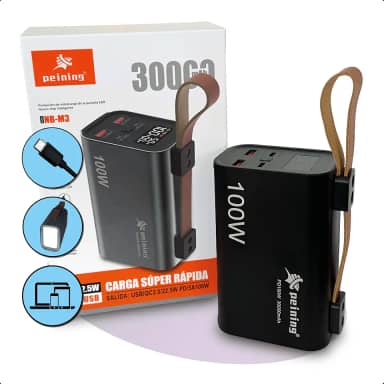 Power Bank 30000 mAh PD 100W Carregador Turbo Ultra Rápido Premium - Carregue notebook Smartphones Antena mini Starlink - Display - Luz LED - Multiplas portas: Entrada/Saída: 2 USB-C + Saída: 2 USB-A