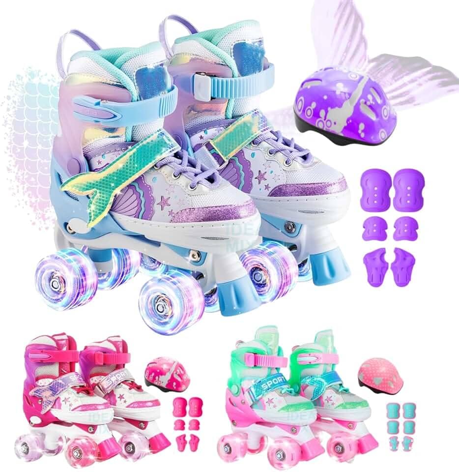 Patins Infantil Ajustável 4 Rodas Kit Proteção Rodinha Led