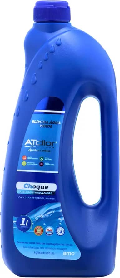 AtCllor, Algicida Choque para piscina, Elimina água verde, Líquido, 1 Litro, Azul escuro