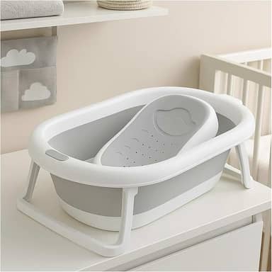 PIPDIP Kit Banheira Dobrável para Bebê, Modelo 2 em 1, Com Encosto, Capacidade de até 44 Litros, Portátil, Plástico e Borracha, Branco e Cinza.