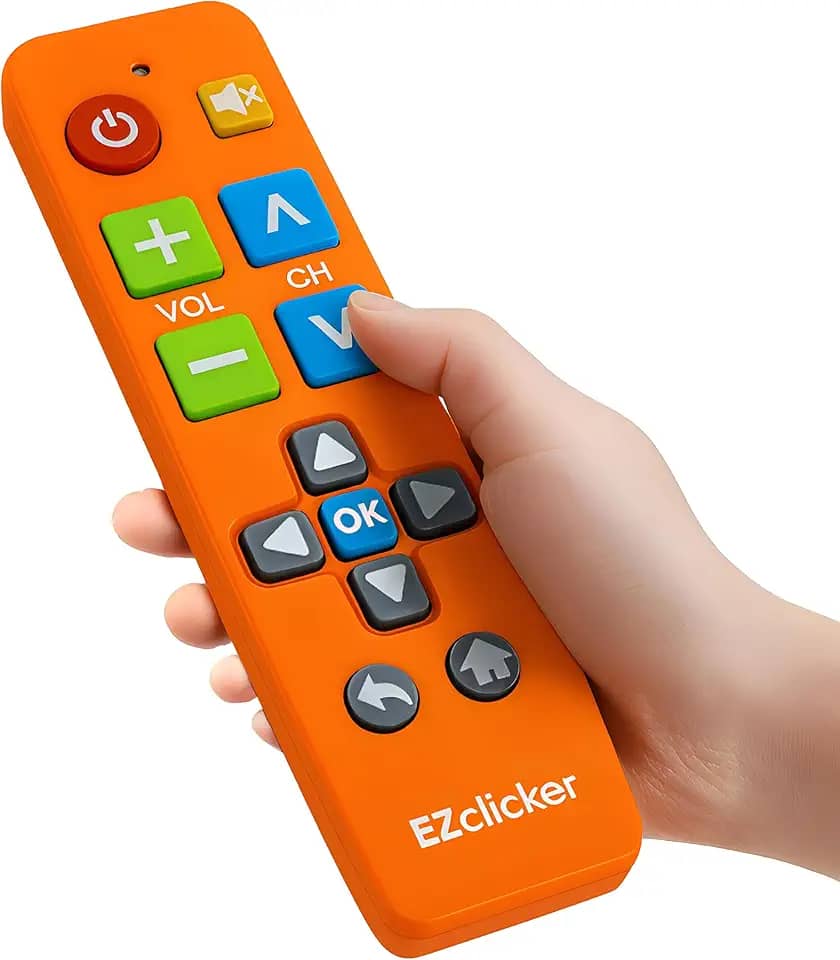 Controle remoto universal de TV com botão grande (laranja) simples e fácil de usar, ótimo para idosos, funciona com as principais marcas de TV (2 pilhas AAA não incluídas)