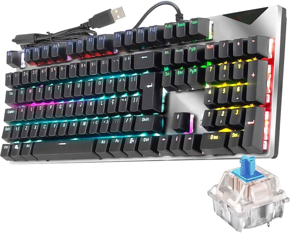 Teclado Teclas 100% Mecânico Gamer RGB Switch Blue Português Brasil ABNT2 Preto