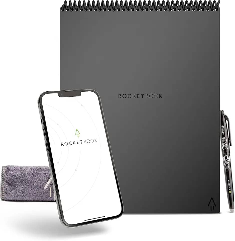 Caderno Rocketbook Flip, com 1 caneta Pilot Frixion e 1 pano de microfibra, tamanho Carta, cinza