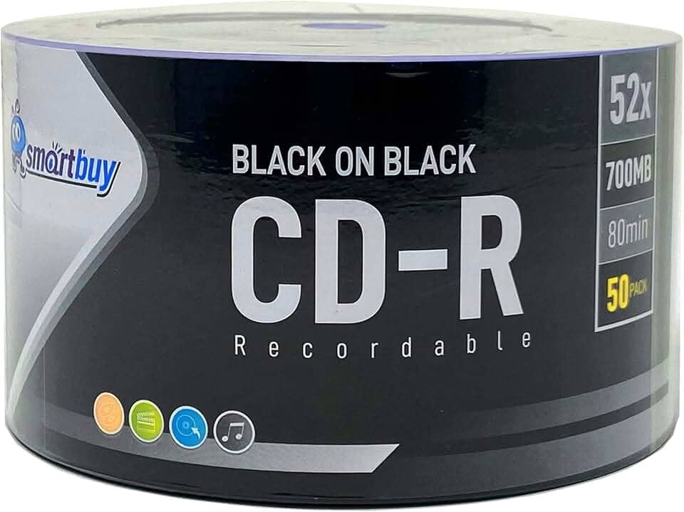 Smartbuy Pacote com 50 CDs-R Pretos Sobre Pretos 52X 700MB Disco Gravável Em Branco de Vinil Preto de Dois Lados de 80 Minutos