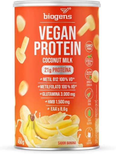 Vegan Protein coconut milk, 21g de proteína ervilha e arroz, GMO Free, Glutamina, HMB, EAAs, Vitaminas B Metil, 450g, Biogens (Banana)