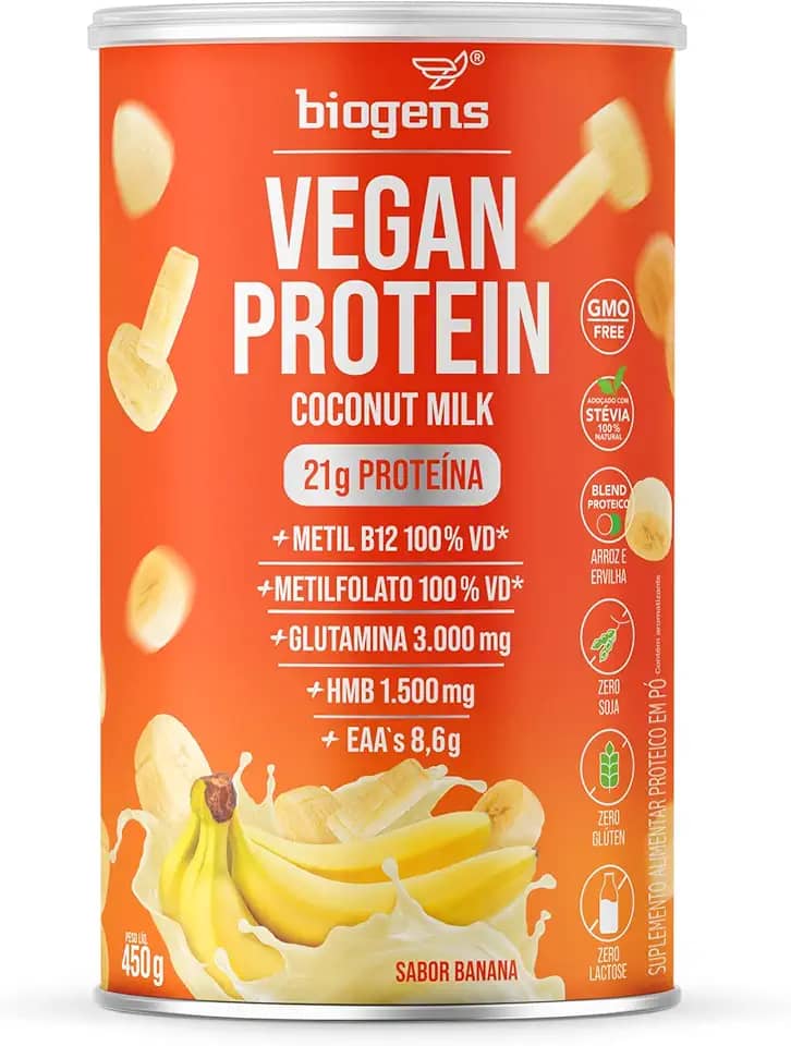 Vegan Protein coconut milk, 21g de proteína ervilha e arroz, GMO Free, Glutamina, HMB, EAAs, Vitaminas B Metil, 450g, Biogens (Banana)