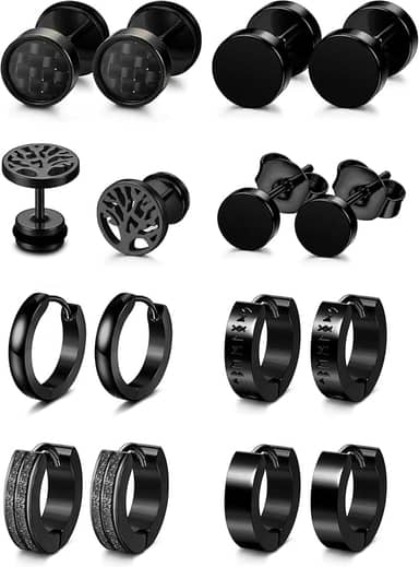 8 pares de brincos masculinos pretos de aço inoxidável preto para homens