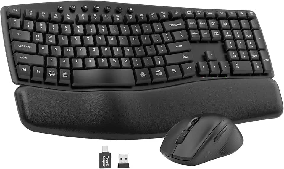 Combo ergonômico de teclado e mouse sem fio, conjunto de teclado iluminado, 2,4 G, placa Ergo Wave, tamanho completo, com descanso almofadado, digitação suave, mouse silencioso, para computador/laptop