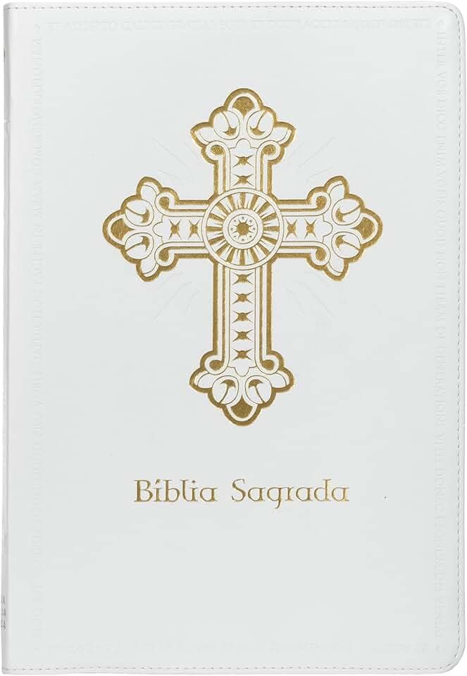 Bíblia Sagrada Católica, Letra Grande, Cruz, Couro-soft branca, Leitura Perfeita
