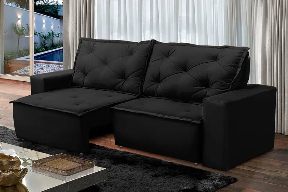 Sofá Retrátil e Reclinável 3 lugares com Molas 1,80m Ana Suede Preto Adonai Estofados