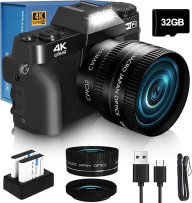 Câmera digital VJIANGER 2024 para fotografia, vlog e YouTube com WiFi, tela giratória de 180°, zoom digital de 16x, lente de 52 mm, 2 baterias, cartão Micro SD de 32 GB (preto)