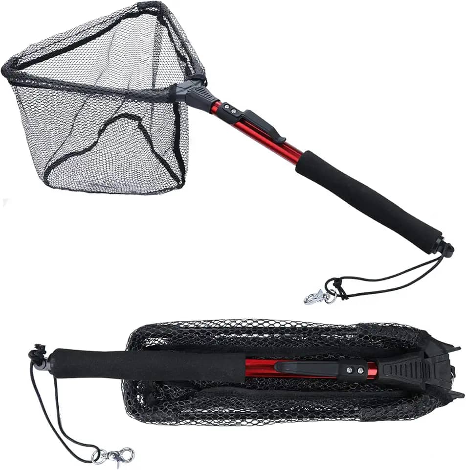Sougayilang Rede de pesca para pouso de peixe, mastro telescópico dobrável dobrável com cabo de EVA, malha de material de nylon durável, captura ou liberação segura de peixes