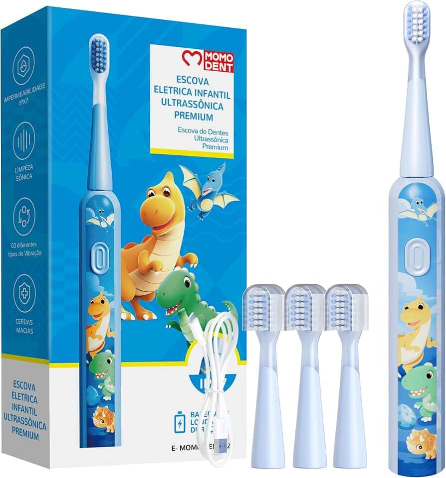 MOMODENT Escova Elétrica Infantil Sônica, Cerdas Extra Macias, 3 Modos de Vibração, 3 Cabeças Substituíveis, IPX7 à Prova D'Água, Recarregável, para Crianças de 3 a 12 Anos (Azul)
