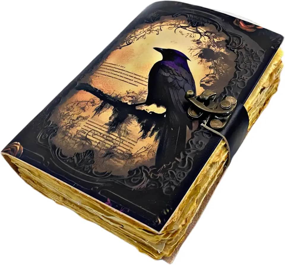 The Raven Leather Journal – Livro de feitiços em branco do grimório das sombras – Caderno e caderno de esboços de couro vintage feito à mão – 200 páginas sem forro – Diário de lixo gótico – presentes