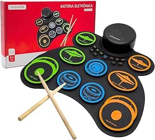 Conjunto Bateria Eletrônica Portátil com 9 Pads Sensíveis, Alto-Falantes Duplos, Conexão USB MIDI, Função de Gravação e Reprodução para Iniciantes e Prática em Casa