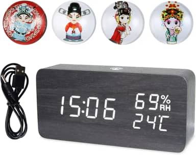 Relógio de Alarme Digital Madeira LED com Controle por APP Display Temperatura Umidade e Data Eletrônico Mesa 4 Níveis Brilho Som Alimentação via USB