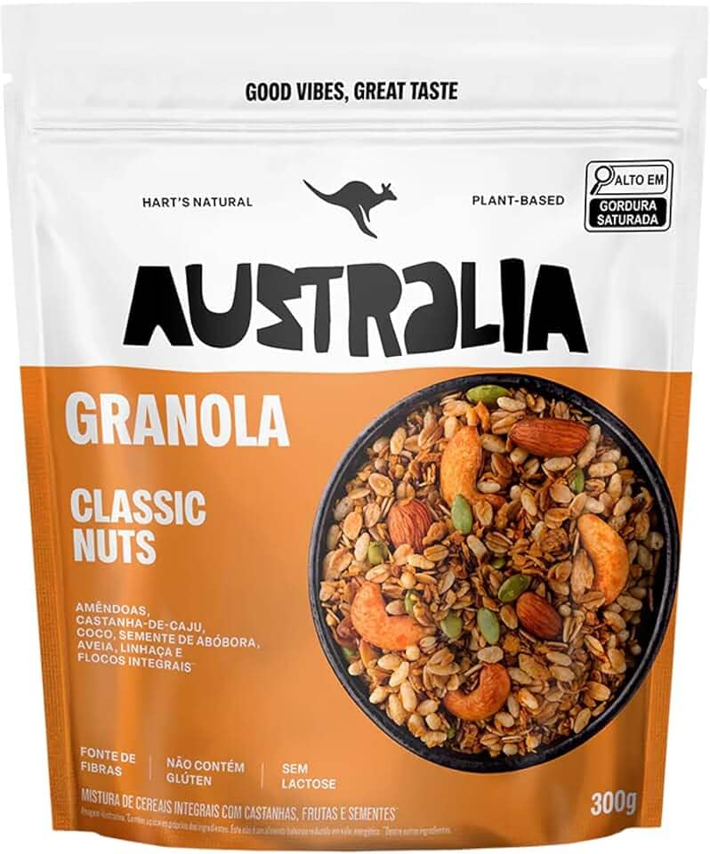 Hart's Natural Granola Australia Classic Nuts | Granola Sem Glúten, Sem Lactose, Vegano | 100% Natural | Alto em Fibras | Snack Saudável | 300g