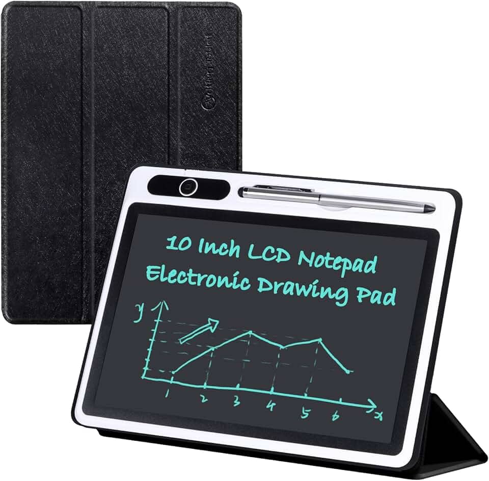 Tablet LCD de 10 polegadas, caderno de escrita eletrônico com capa protetora de PU, bloco de desenho apagável, presente para adultos em casa, escritório de negócios (preto