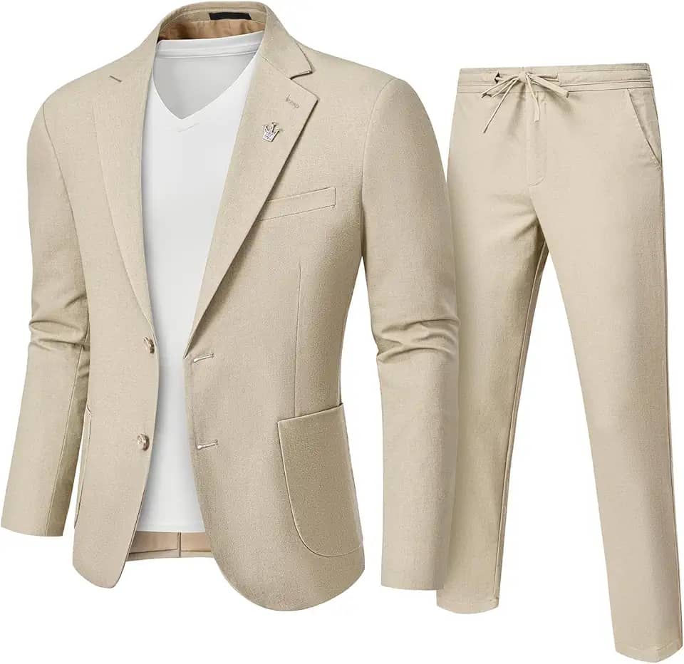 Terno masculino de linho, 2 peças, ajuste regular, jaqueta leve com dois botões e calça para casamento na praia, formatura de verão