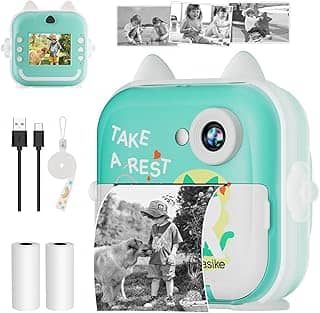 Basike Câmera Infantil Digital e Instantânea 20MP 1080P, Tela 2,4' IPS, Zoom 6X, Impressão Térmica 200 dpi, Vídeo, Time-Lapse, Jogos Educativos, Portátil com Papel de Impressão – Verde