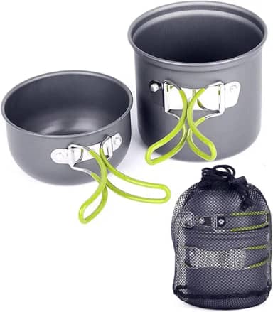 Kit de Panelas Camping em Alumínio Táticas 2 Pçs Com Pegador e Bolsa de Transporte