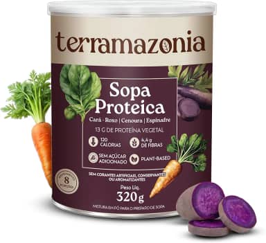 TERRAMAZONIA Sopa Proteica em Pó Instantânea - Cará Roxo, Cenoura e Espinafre - Ingredientes Naturais - Fonte de Fibras e Proteínas - Baixa em Calorias - Prática e Saborosa - 320g
