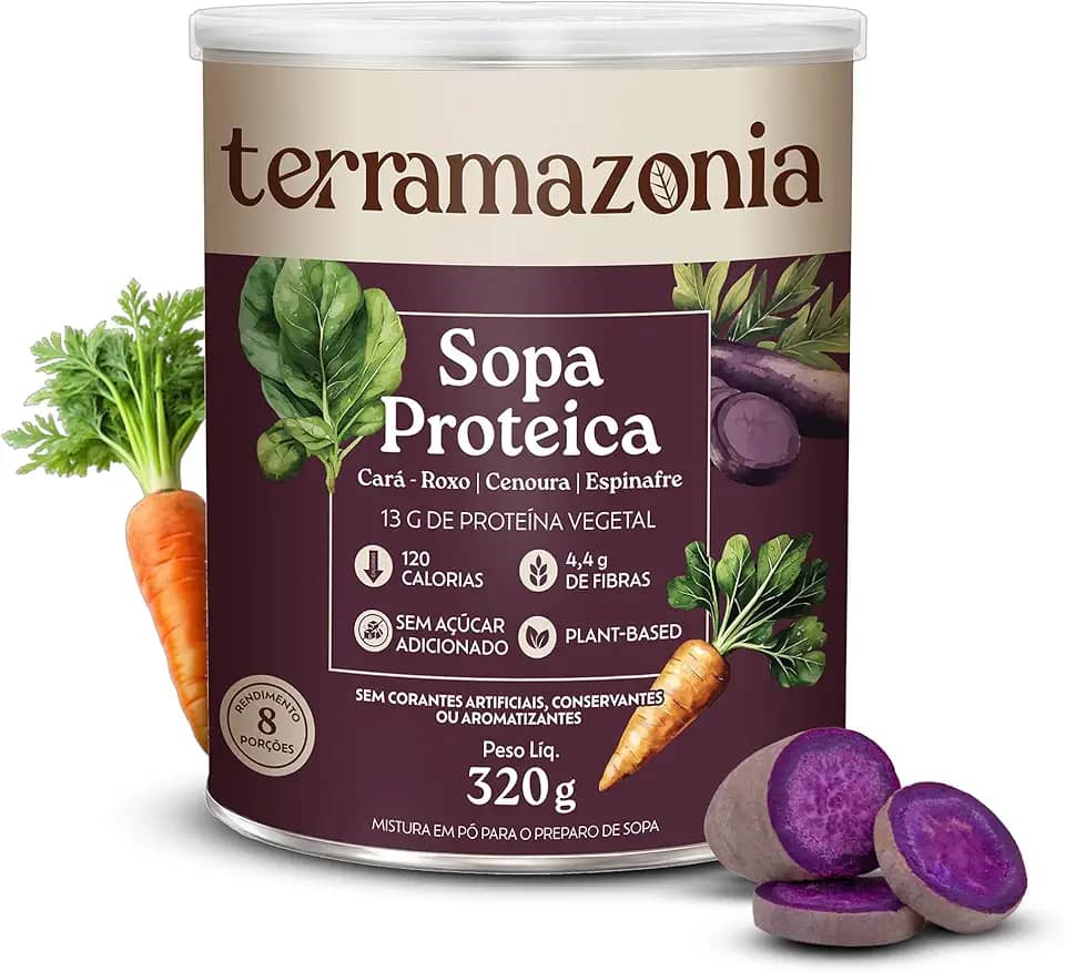 TERRAMAZONIA Sopa Proteica em Pó Instantânea - Cará Roxo, Cenoura e Espinafre - Ingredientes Naturais - Fonte de Fibras e Proteínas - Baixa em Calorias - Prática e Saborosa - 320g