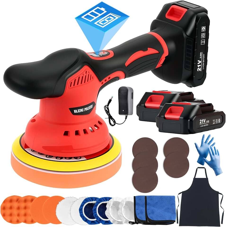 Kit de polidor de buffer de carro sem fio com baterias de 2 x 21 V, polidor de carro de 15 cm com 8 velocidades variáveis 2800-6000RPM e 21 peças de acessórios, polidor orbital para detalhes de carros