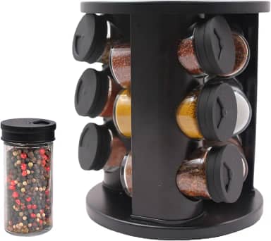 Porta Temperos e Condimentos de Vidro com Suporte Giratório Redondo - Kit com 9 Potes de 85ml para Cozinha, Preto