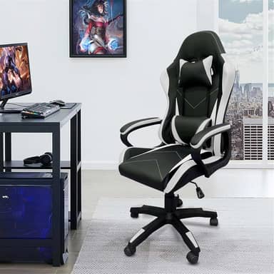 Cadeira de jogos com encosto alto, apoios de braços fixos em quatro pontos, altura ajustável (Branco)