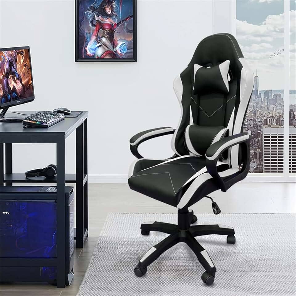 Cadeira de jogos com encosto alto, apoios de braços fixos em quatro pontos, altura ajustável (Branco)