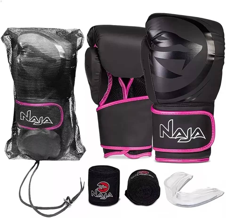 Luva de Boxe e Muay Thai Naja Black Line - 1 Par de luva + 1 Par de Bandagem Elástica + 1 Protetor Bucal