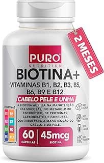 Biotina + Puro Nutrition Pele, Cabelo e Unhas, 45 mcg de Biotina por dose, Vitaminas B1, B2, B3, B5, B6, B9 e B12, 60 Cápsulas