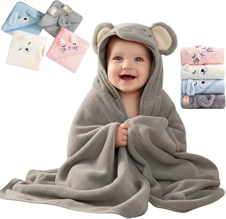 Toalha De Banho Infantil Soft Com Capuz Bichinho Bordado Algodão Toque Extremamente Macio Suave Para Pele do Bebê Recém Nascido, Cobertor Para Recém-Nascidos, Super Absorvente (Cinza)