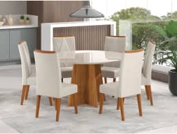 Mesa de Jantar Redonda Vitara com 6 Cadeiras Madeira Maciça Vegas Mel/Marfim/Off White
