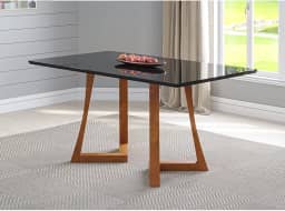 Mesa 6 Lugares Madeira Maciça com Vidro Canto Arredondado 160x90cm Jantar Anna Ambar/Preto