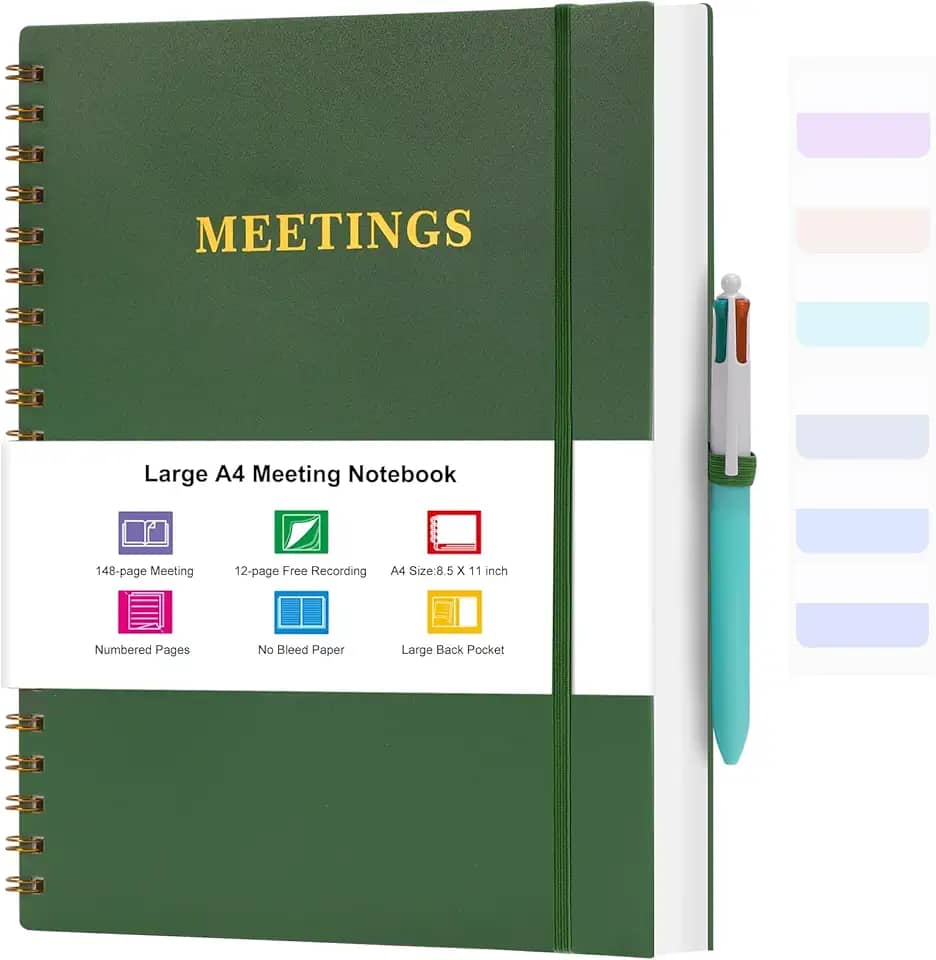 Meeting Notebook for Work, Notebooks for Work 8.5" x 11", Professional Meeting Notes Notebook for Women Men, Large Spiral Notebook with Numbered Page, Sticky Tabs, PVC Pockets for Organization, Green